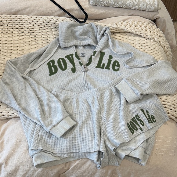 Boys Lie Tops - Boys Lie Light Gray Hoodie and Shorts Set with Green Print
